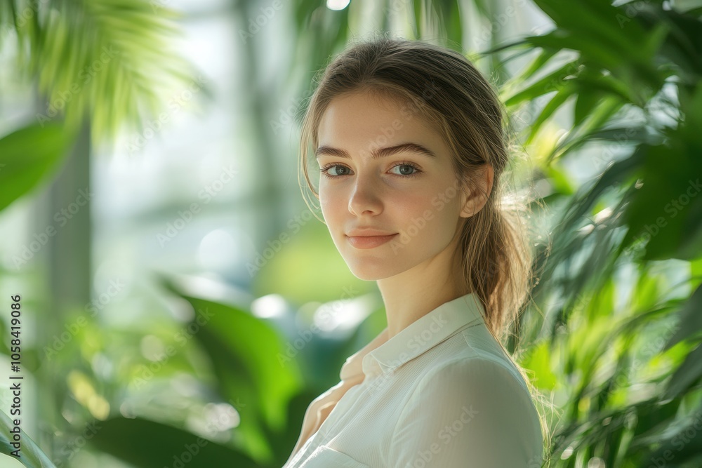 A woman with a serene expression stands confidently in a modern office filled with lush A woman with a serene expression stands confidently in a modern office filled with lush