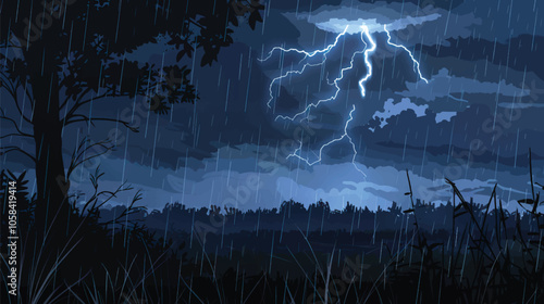 A rainstorm with distant lightning. silhouette illustration