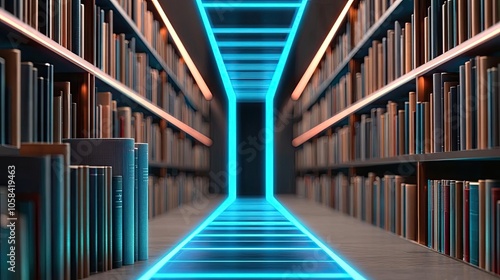 Modern library with illuminated pathway and book shelves on either side.