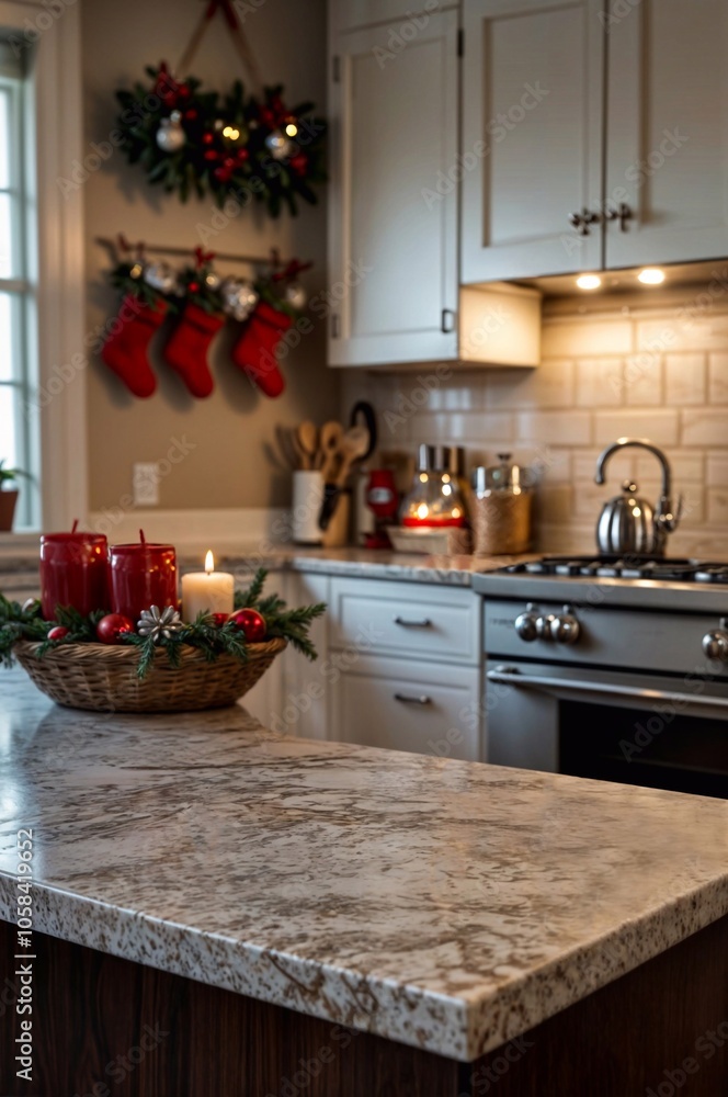 Kitchen is decorated with Christmas-themed items such as stockings, wreath and candles. Kitchen is decorated with Christmas-themed items such as stockings, wreath and candles.