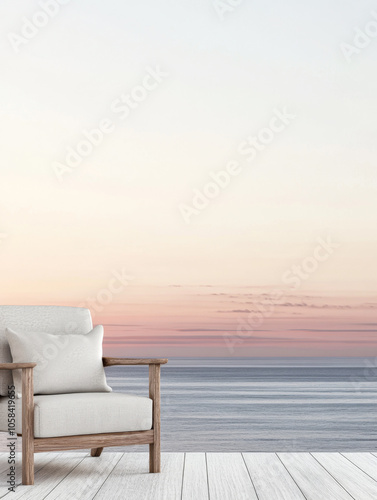 Relaxing evening by the ocean with a cozy chair overlooking a pastel sunset sky