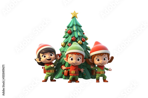 Kawaii cartoon Christmas elves joyfully decorating festive tree with cheerful expressions and colorful outfits, delightful holiday atmosphere design content material, PNG cutout, no background.