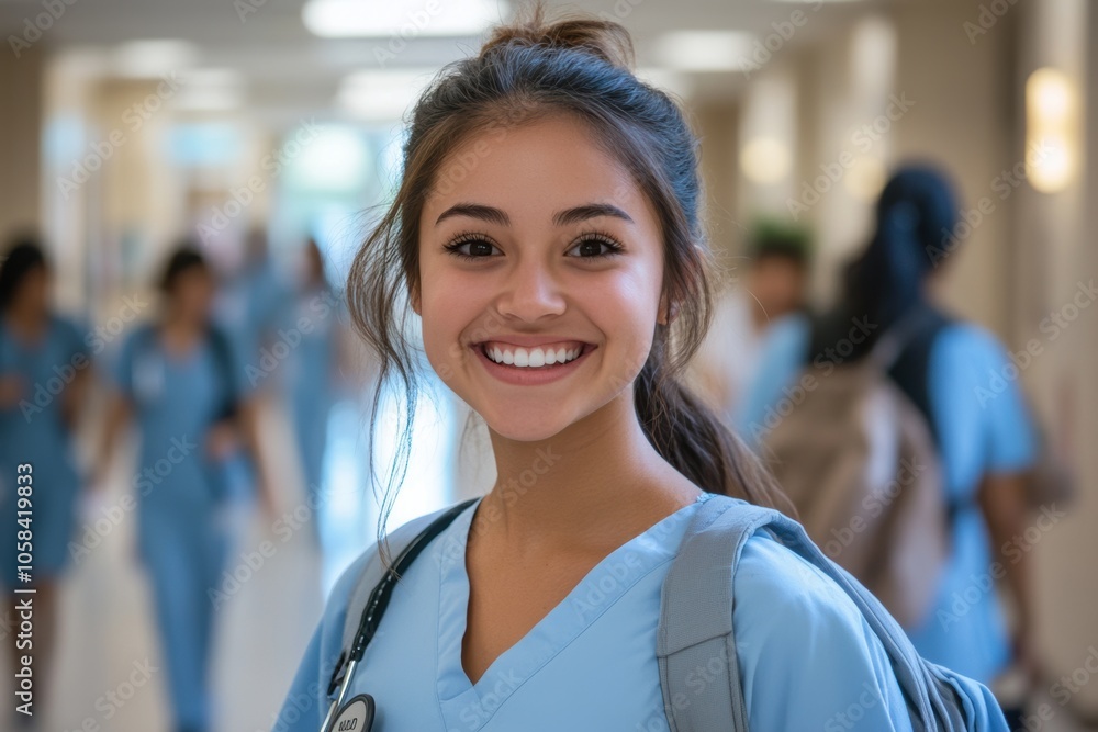 A young medical student, wearing light blue scrubs and carrying a backpack, smiles brightly A young medical student, wearing light blue scrubs and carrying a backpack, smiles brightly
