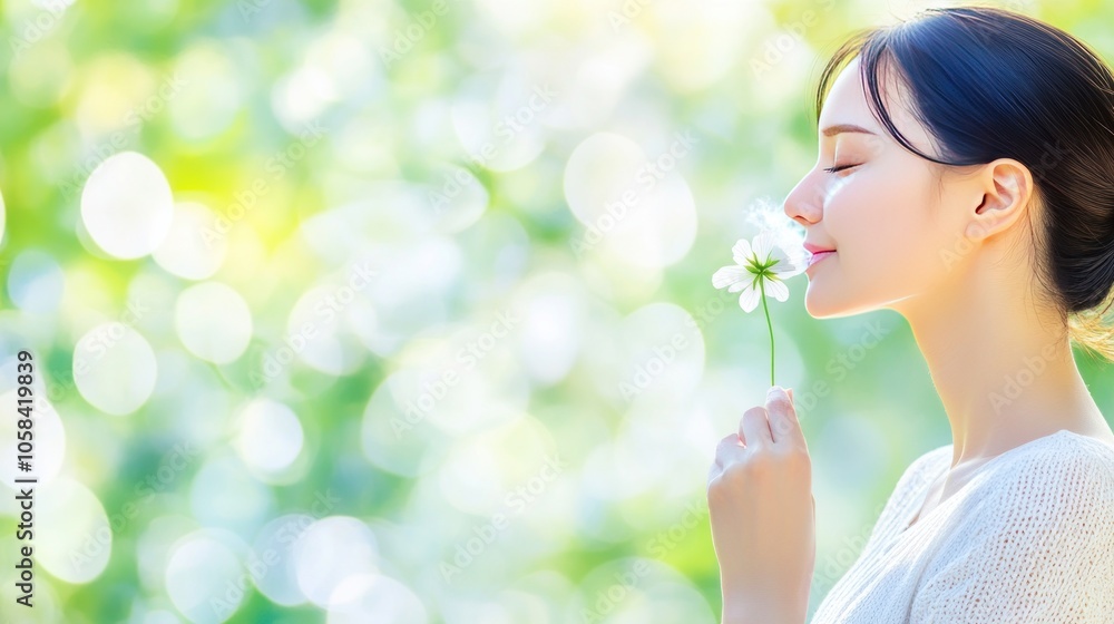 A serene woman enjoys a flower, surrounded by a soft, blurred green background. A serene woman enjoys a flower, surrounded by a soft, blurred green background.