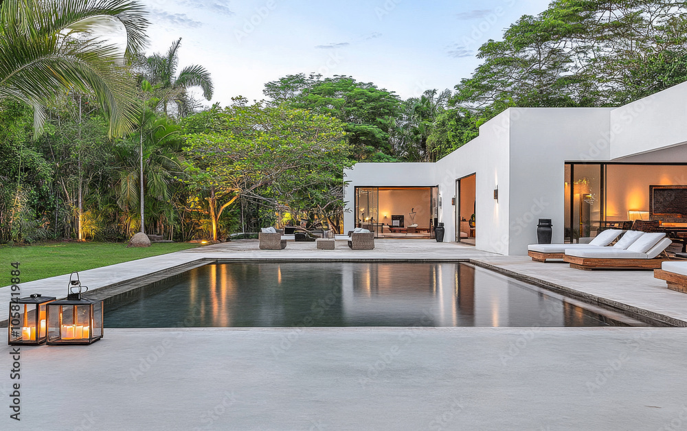 Fototapeta premium Modern villa with a tranquil pool and lush garden in the evening light
