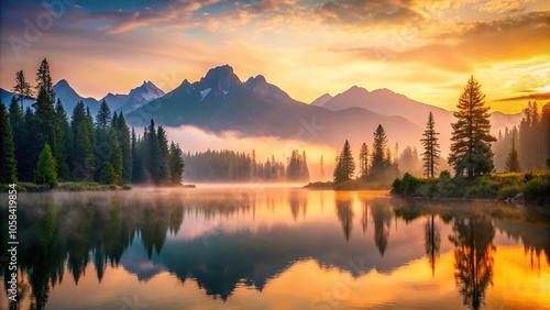 Mountain range landscape at sunset with mountains in the background, misty lake and trees in the foreground, trees, natural beauty, sunset, scenic view, landscape