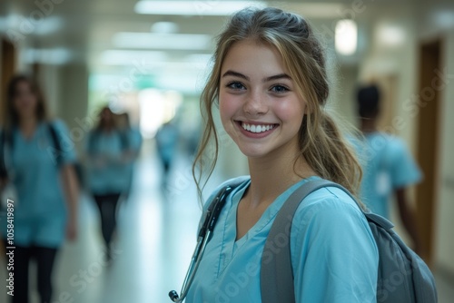 A young medical student, wearing light blue scrubs and carrying a backpack, smiles brightly