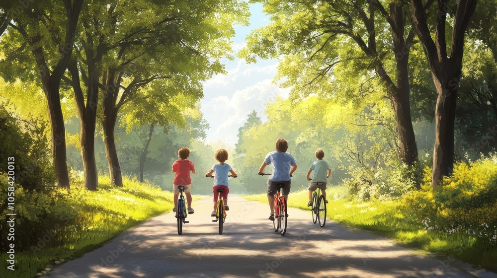 Four people ride bicycles down a tree-lined path on a sunny day. Four people ride bicycles down a tree-lined path on a sunny day.
