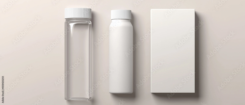 Mockup of Glass and Plastic Bottles with White Caps and Box. Mockup of Glass and Plastic Bottles with White Caps and Box.