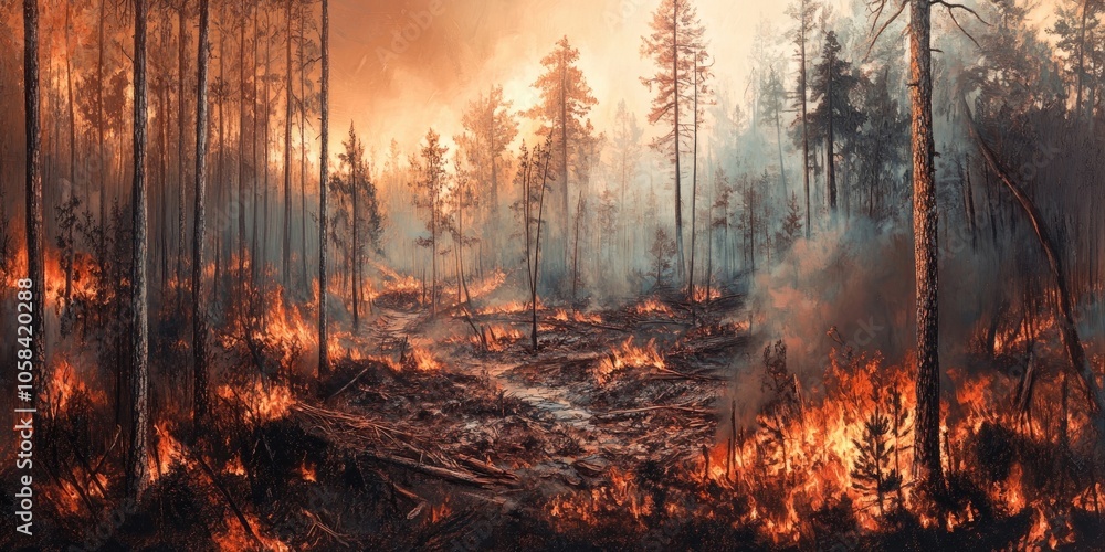 Forest scenery ruined by flames and smoke, showcasing the severe impact of fire on the natural environment. The landscape bears the marks of destruction from the wildfire. Forest scenery ruined by flames and smoke, showcasing the severe impact of fire on the natural environment. The landscape bears the marks of destruction from the wildfire.