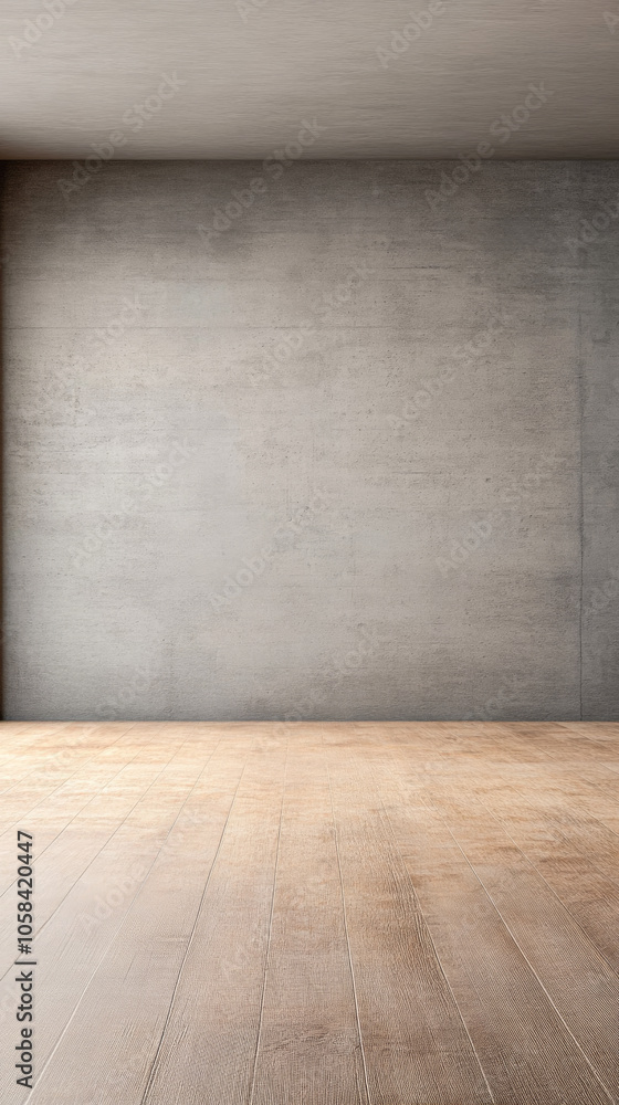 Empty minimalist room with wooden floor and concrete walls, suitable for various activities Empty minimalist room with wooden floor and concrete walls, suitable for various activities