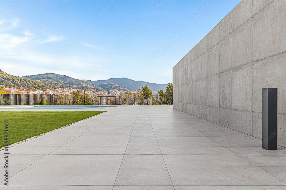 custom made wallpaper toronto digitalModern outdoor patio with minimalistic design and scenic mountain views on a sunny day