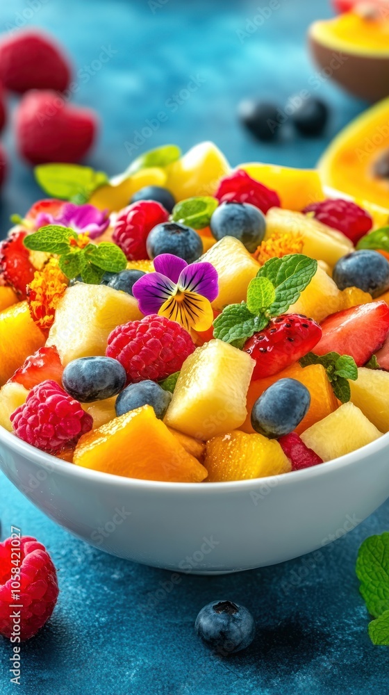 A vibrant bowl of mixed fruit salad featuring berries, melons, and mint for a refreshing treat. A vibrant bowl of mixed fruit salad featuring berries, melons, and mint for a refreshing treat.