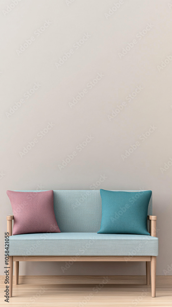 Cozy two-seater sofa with colorful pillows against a neutral wall in a minimalistic setting Cozy two-seater sofa with colorful pillows against a neutral wall in a minimalistic setting