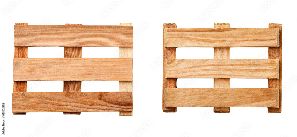 Two wooden pallets showing different finishes on a white isolated background. Two wooden pallets showing different finishes on a white isolated background.