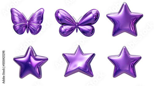 Purple Chrome Butterflies and Stars on Clear Background Generative AI