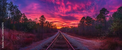 A scenic railroad track leads through a forest towards a vibrant sunset with purple and pink clouds. photo