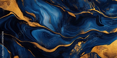 A detailed view showcases a flowing blue and gold marbled texture, characteristic of fluid art, creating an abstract and luxurious background appearance. photo