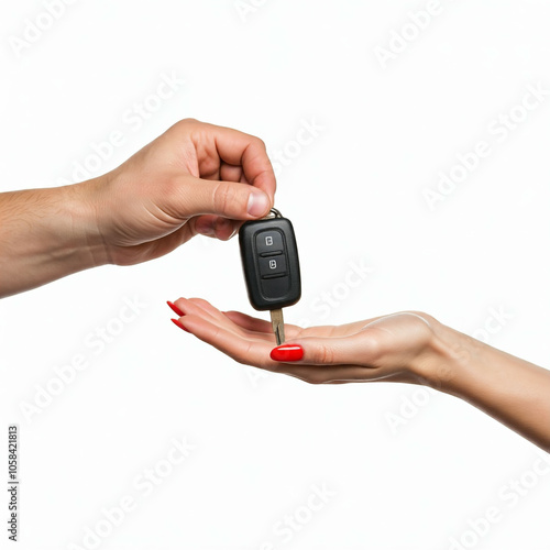 Isolated white background image. Woman's hand receives car key from man's hand.