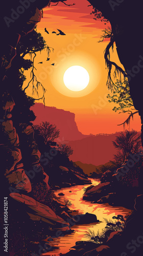 A river flowing through a canyon. silhouette illustration 