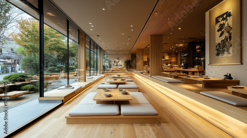 A serene Japanese zen room featuring a glowing wall art of the sun, tatami mats, and soft ambient lighting. This minimalistic and peaceful space is designed for meditation and relaxation, with a stron photo