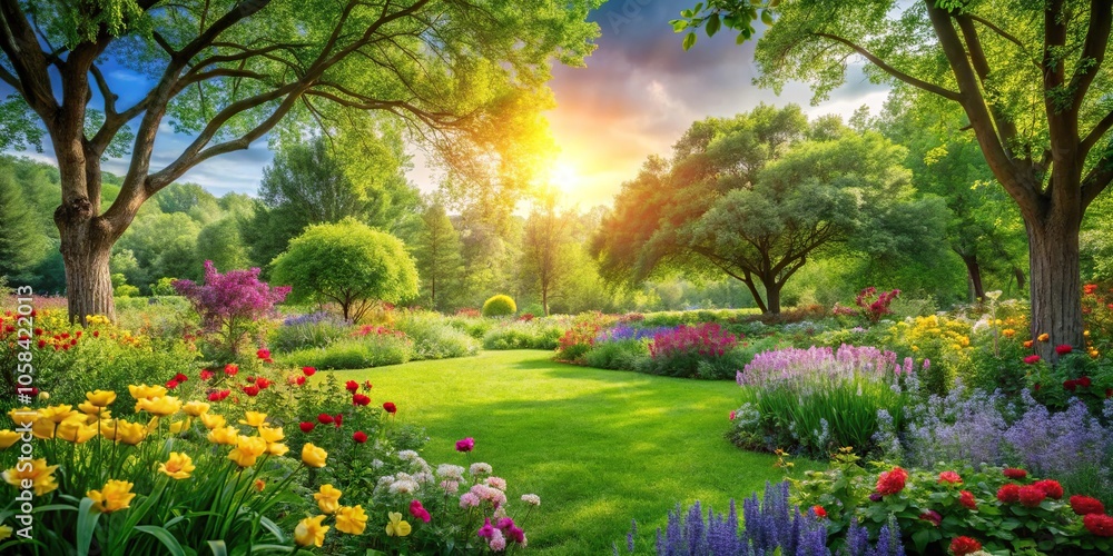 Obraz premium Lush green garden with vibrant flowers and trees in a sunny meadow, garden, gardening, foliage, botanical, outdoor space