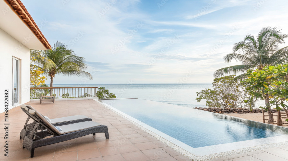 Fototapeta premium A tranquil beachfront villa with a stunning infinity pool overlooking the serene ocean at sunset