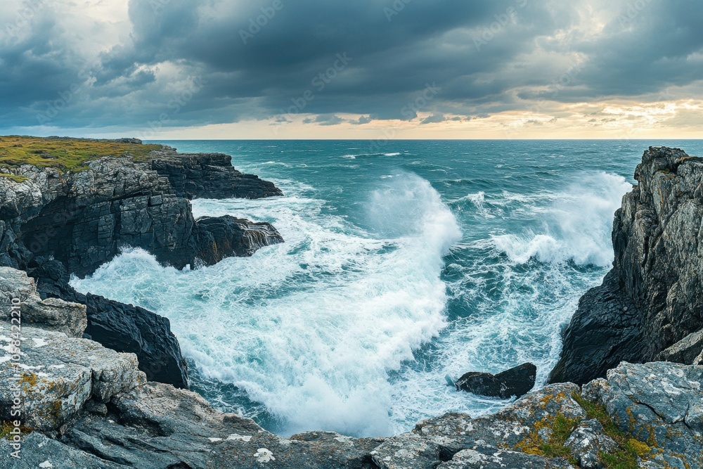 A dynamic panorama of a coastal cliff with waves crashing against the rocks and clouds gathering on the horizon, capturing the raw power and beauty of nature at the edge of the sea. A dynamic panorama of a coastal cliff with waves crashing against the rocks and clouds gathering on the horizon, capturing the raw power and beauty of nature at the edge of the sea.