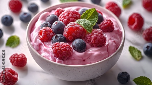 Delicious creamy yogurt with fresh raspberries, blueberries, and a hint of mint, perfect for a healthy breakfast or snack