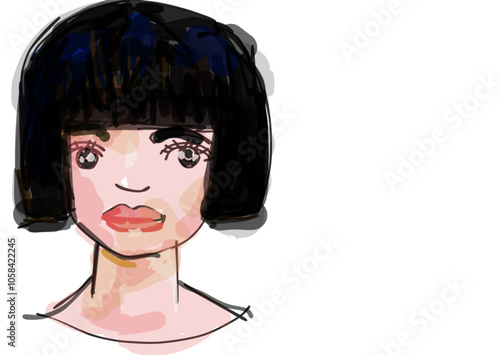 Portrait stile acquerello ragazza taglio caschetto Illustration handmade