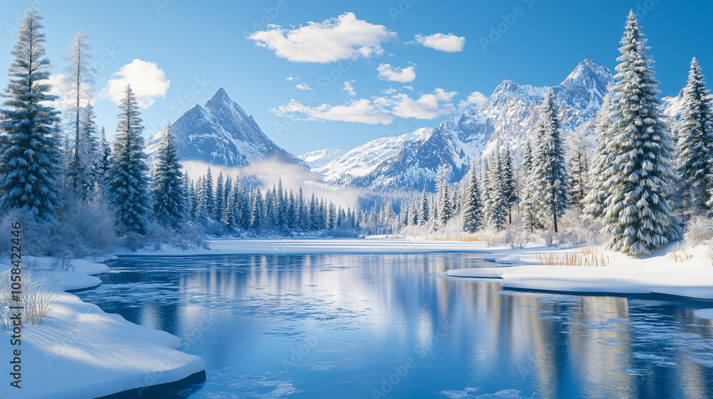 Snow-covered mountain landscape with pine trees and lake Snow-covered mountain landscape with pine trees and lake