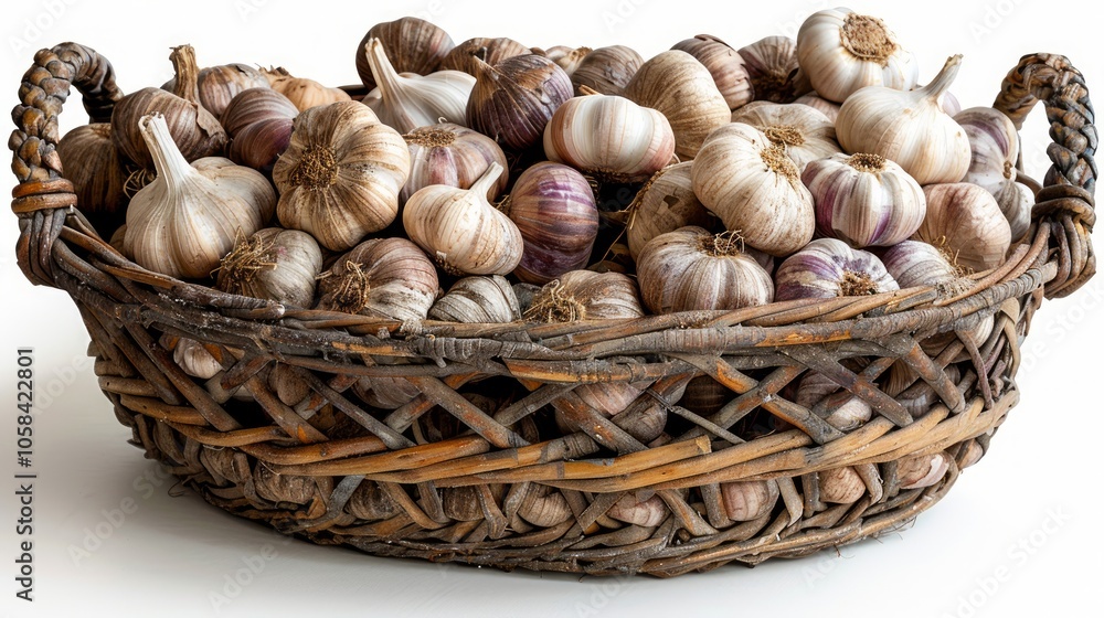A wicker basket overflowing with garlic cloves, with some garlic bulbs still in their papery skin. A wicker basket overflowing with garlic cloves, with some garlic bulbs still in their papery skin.