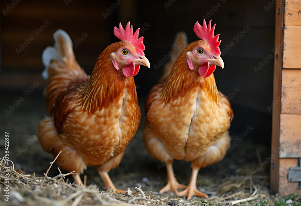 Fototapeta premium Two hens at the coop entrance