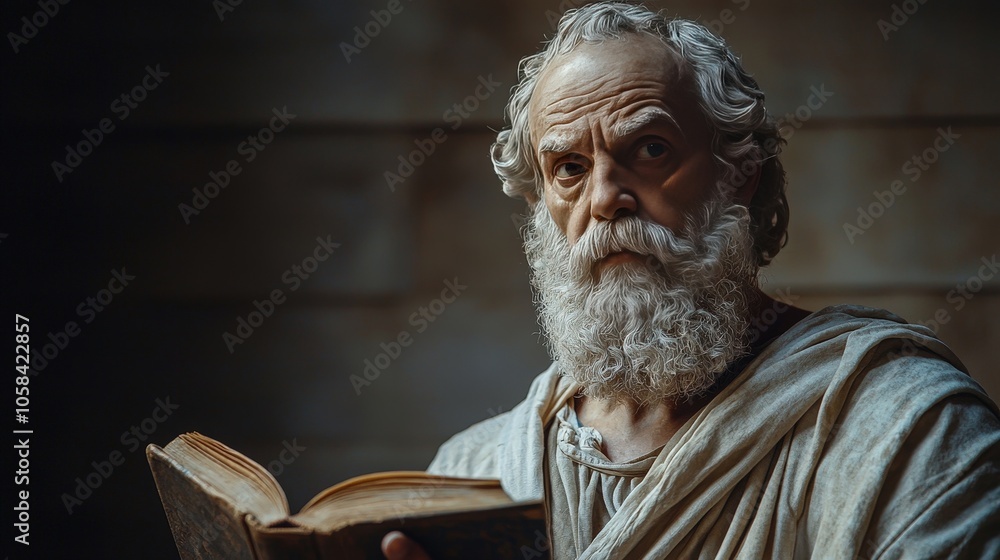 A thoughtful individual is absorbed in reading a book by Socrates, seated quietly in a softly illuminated room. They contemplate timeless philosophical ideas