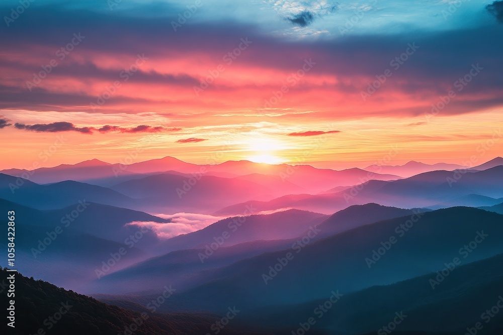 Obraz premium A mesmerizing sunrise over a mountain range, with vibrant, colorful clouds reflecting the light, creating a breathtaking and serene landscape, capturing the beauty of nature in a tranquil setting.