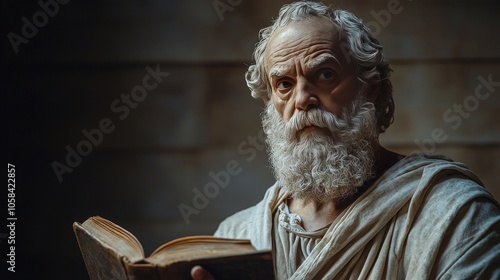 Obraz na płótnie A thoughtful individual is absorbed in reading a book by Socrates, seated quietly in a softly illuminated room. They contemplate timeless philosophical ideas w salonie