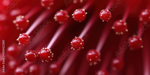 Close-up of red plant structures resembling flower stamens or pollen.