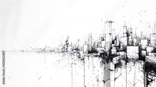 An intricate black ink sketch of a city skyline, presented on a bright white background, showcasing fine details and line work.