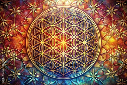 Intricate flower of life pattern with ancient symbolism and geometric shapes, mystical designs, ancient symbolism, symbolic motifs, abstract floral, sacred geometry