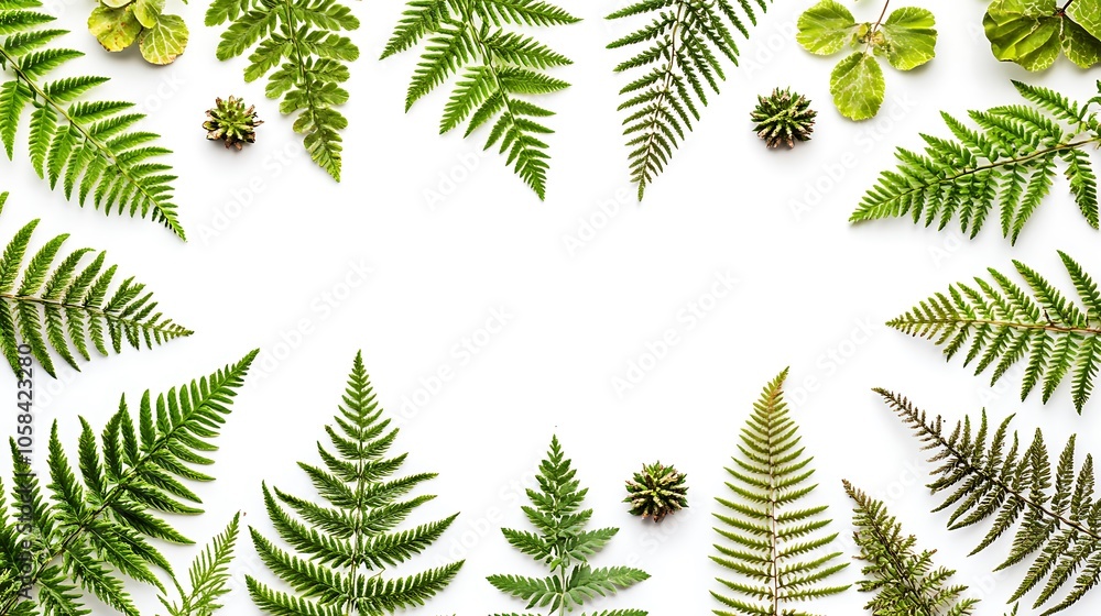Green fern leaves arranged in a frame shape on a white background, a nature inspired design for branding or invitation Green fern leaves arranged in a frame shape on a white background, a nature inspired design for branding or invitation