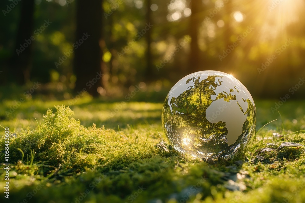 Glass globe on grass in a forest. Sustainable environment and Earth Day concept, Depth of field Glass globe on grass in a forest. Sustainable environment and Earth Day concept, Depth of field