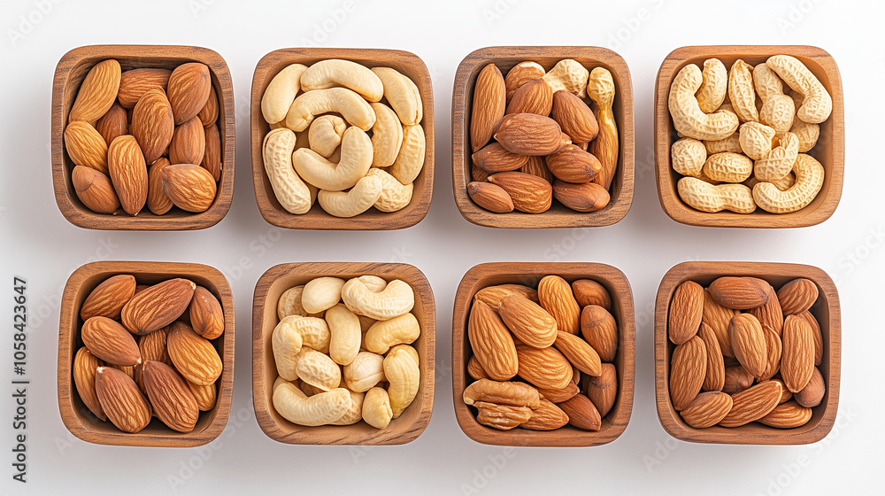 Various kinds of nuts are arranged neatly in small wooden containers. When viewed from above. Various kinds of nuts are arranged neatly in small wooden containers. When viewed from above.