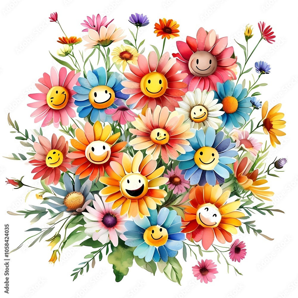 A bouquet with various cheerful flowers, each with a happy face A bouquet with various cheerful flowers, each with a happy face
