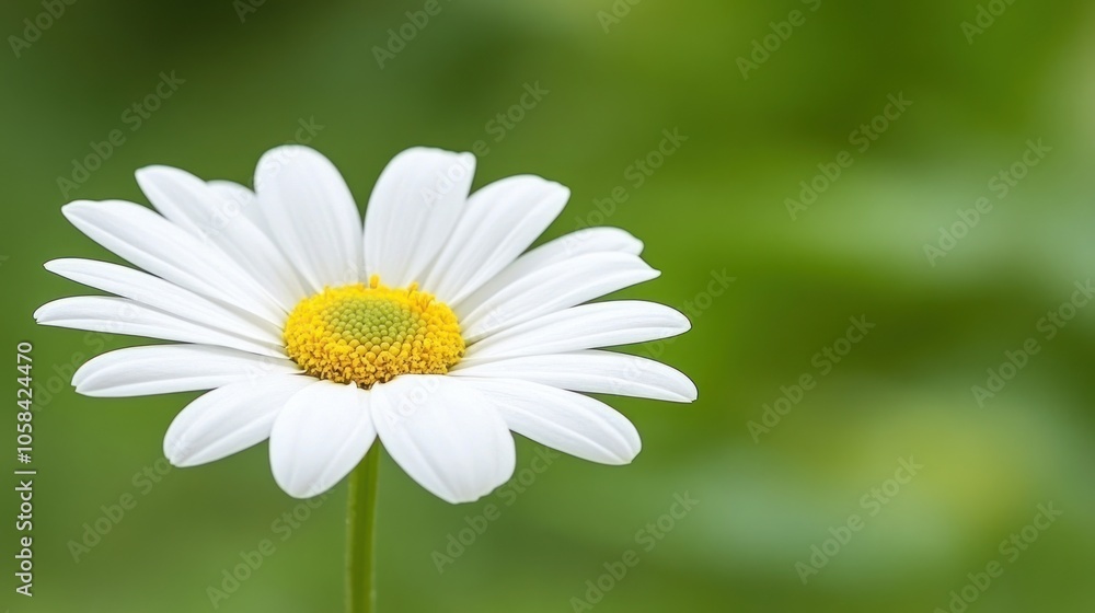 Fototapeta premium A close-up of a white daisy flower with a yellow center against a soft green background.