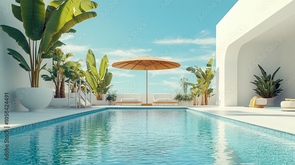 Fototapeta premium Relaxing at a Private Pool by the Beach in a Luxurious Hotel or Vacation Home, Perfect for a Calm and Rejuvenating Getaway
