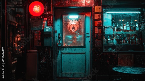 Neon sign and red lantern illuminate a bar doorway in a dark alley