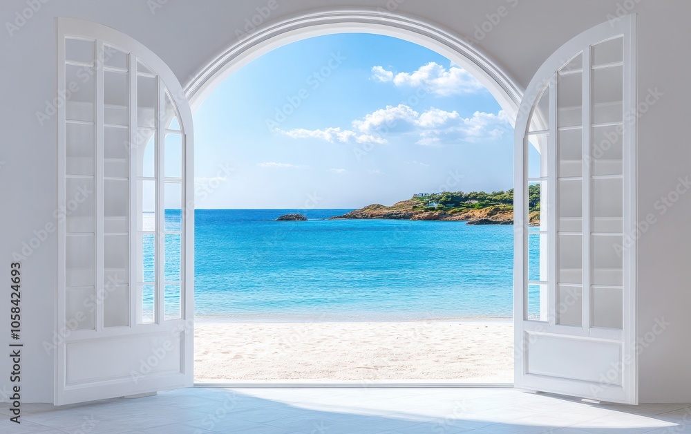 Minimalist Greek-inspired doorway with an arched design and open doors framing a vibrant view of the sea and clear blue sky Minimalist Greek-inspired doorway with an arched design and open doors framing a vibrant view of the sea and clear blue sky