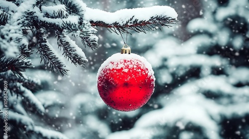 Red Christmas ornament hanging on a snow covered pine tree branch, perfect for winter holiday cards and social media posts