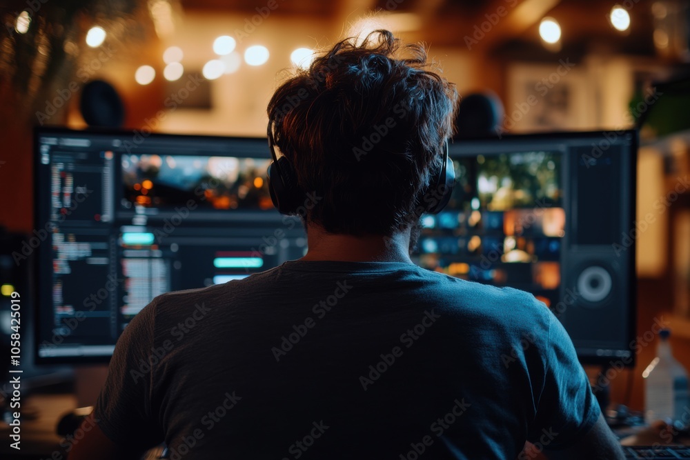 Professional video editor, a creative man working on his computer, using advanced software Professional video editor, a creative man working on his computer, using advanced software