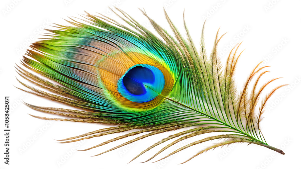 Obraz premium Vibrant Peacock Feather isolated on white background as transparent. PNG. AI GENERATED.